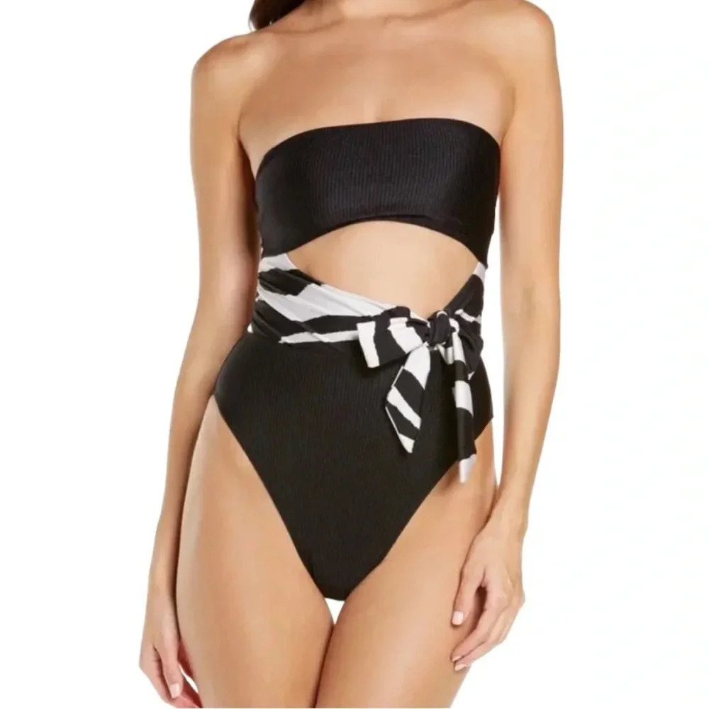 River Island Cut Out Tie Waist Bandeau One Piece Swimsuit Black Size 8 NWT